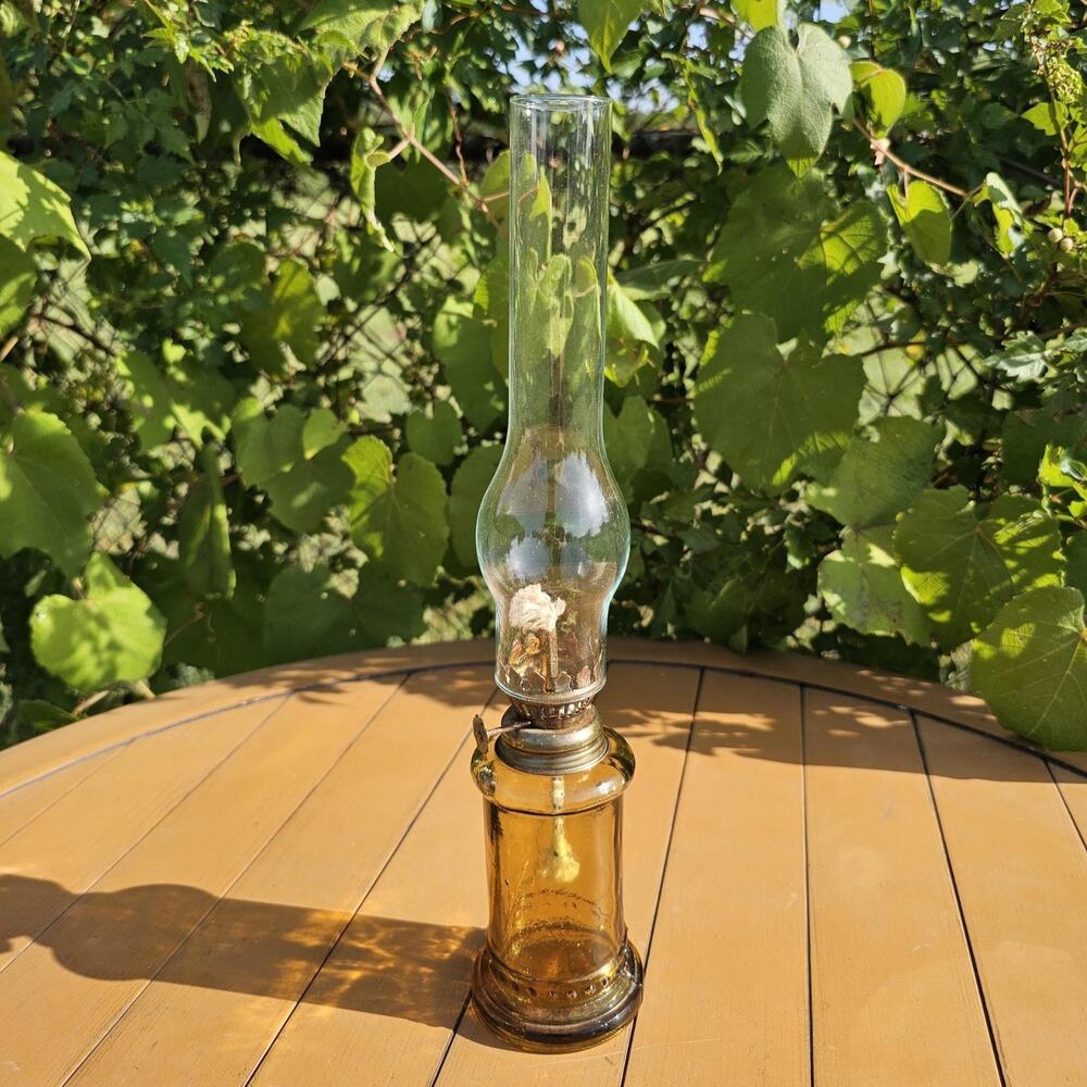 Vintage Minature Amber Glass Oil Lamp with Chimney